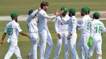 Pakistan cricket team celebrating a wicket of Bangladesh batsman. 