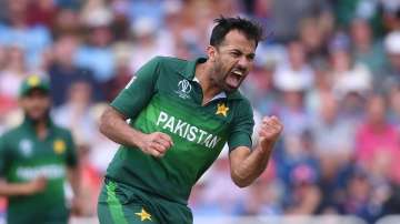 Wahab Riaz of Pakistan celebrates the wicket of Jonny Bairstow of England during the Group Stage mat