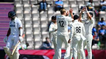 Kyle Jamieson of New Zealand celebrates taking the wicket of Cheteshwar Pujara of India (Phile photo