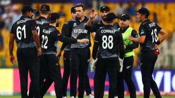 Tim Southee of New Zealand celebrates the wicket of Dawid Malan during the ICC Men's T20 World Cup.