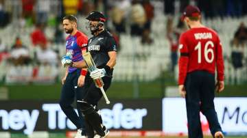 Daryl Mitchell of New Zealand celebrates victory as NZ enter the the finals of ICC T20 World Cup.