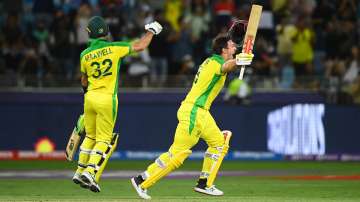  Mitchell Marsh celebrates with Glenn Maxwell of Australia following the ICC Men's T20 World Cup fin