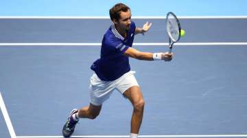 Daniil Medvedev of Russia plays a forehand during his singles match against Alexander Zverev of Germ