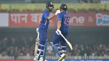 KL Rahul and Rohit Sharma of India interact during the T20 International Match between India and New
