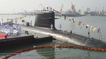 Indian Naval officers during the commissioning ceremony of INS Vela Submarine at Naval Dockyard in Mumbai on Nov 25