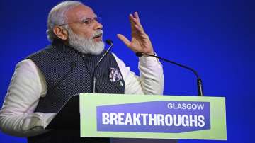 Prime Minister Narendra Modi speaks during the World Leaders' Summit "Accelerating Clean Technology Innovation and Deployment", at the COP26 Summit, in Glasgow, Scotland.