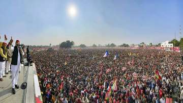 Samajwadi Party President Akhilesh Yadav speaks during his Vijay Rath Yatra.