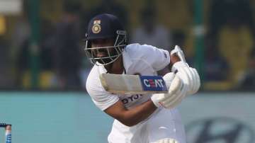 India's captain Ajinkya Rahane plays a shot during the day one of their first test cricket match wit