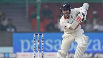 New Zealand's captain Kane Williamson plays a shot during the day five of their first test cricket m