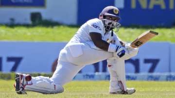 Sri Lankan batsman Charith Asalanka plays a shot during the fourth day of the second Test against Sr