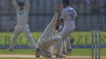 New Zealand's Ajaz Patel appeals for the dismissal of India's Cheteshwar Pujara during Day 1 of the 