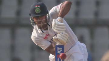 India's Mayank Agarwal plays shot during the day three of their second test cricket match with NZ