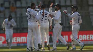 India's players celebrate a dismissal during a Test match 