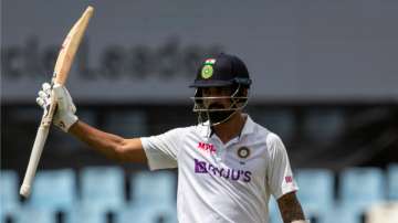 India's KL Rahul celebrates after scoring century in the first Test against South Africa.