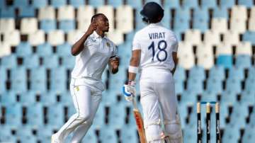 South Africa's Lungi Ngidi celebrates after dismissing India's captain Virat Kohli during the first 