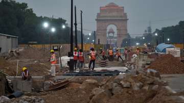 Construction work underway as part of the Central Vista Redevelopment Project at Rajpath in New Delhi.