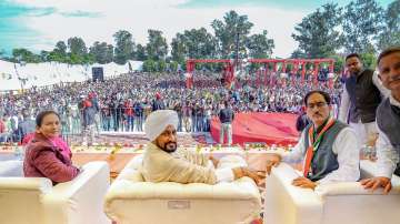 Punjab Chief Minister Charanjit Singh Channi along with other Congress leaders during a rally, ahead of Punjab Legislative Assembly Elections 2022.