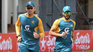 Pakistan's Hasan Ali and Shaheen Afridi during training session.?