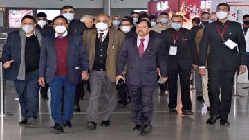 Chief Election Commissioner Sushil Chandra with Election Commissioners Rajiv Kumar & Anup Chandra Pandey, and other officers, arrives for his three-day visit to review arrangements for the upcoming Uttar Pradesh Assembly elections, in Lucknow