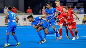 Shardanand Tiwari executing a well-timed strike during the match against Belgium. 