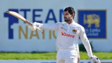 Dhananjaya De Silva celebrates after smashing a hundred in the ongoing second Test against West Indi