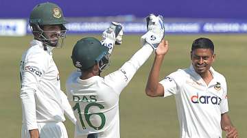 Taijul Islam celebrating the big wicket of Abid Ali on Day 1 of the 2nd Test between Bangladesh and 