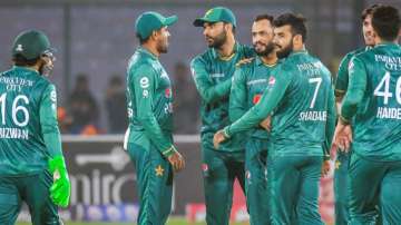 Pakistan cricket team celebrating a wicket against West Indies in the first T20I.