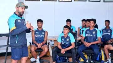 Rohit Sharma interacting with India's U-19 team at NCA.