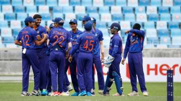 Indian team celebrating after registering their win in the final of U-19 Asia Cup in Dubai.