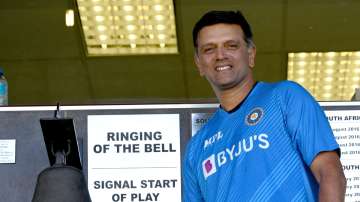 India head coach Rahul Dravid rings bell on Day 4 of the 1st Test between India and South Africa. 