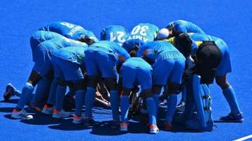 File photo of India men's hockey team in a huddle.