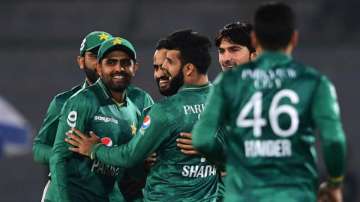 Pakistan players celebrate after the dismissal of West Indies' Brandon King (not pictured) PAK vs WI 1st T20I at the National Stadium in Karachi on Monday.