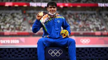 Gold medalist Neeraj Chopra of Team India on the podium during the medals ceremony.