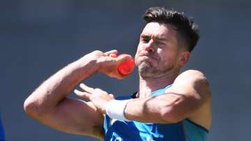 James Anderson of England bowls during an England Ashes squad nets session at Adelaide Oval