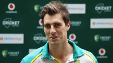 Pat Cummins of Australia speaks to media during an Australian Ashes squad nets session.