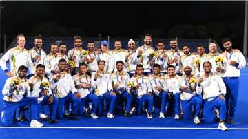 Indian men's hockey team celebrating after winning the bronze medal at Tokyo 2020