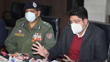 Jammu: Divisional Commissioner of Jammu Raghav Langer (R) along with ADGP Mukesh Singh, briefs media about power crisis due to strike of Power Development Department employees, in Jammu, on Sunday (Dec. 19)