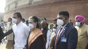 Congress President Sonia Gandhi and party leader Rahul Gandhi at Parliament House.