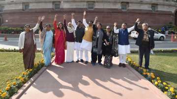 Suspended Rajya Sabha MPs during a protest demanding for revocation of their suspension at Parliament in New Delhi.