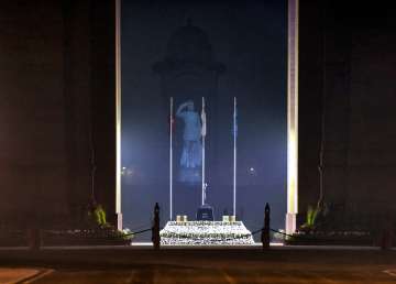 A hologram statue of Netaji Subhas Chandra Bose at India Gate, unveiled by Prime Minister Narendra Modi (unseen) on Parakram Diwas, in New Delhi.