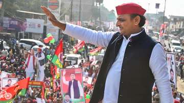 Samajwadi Party President Akhilesh Yadav during his Vijay Rath Yatra in Raebareli, Saturday, Dec. 18, 2021.