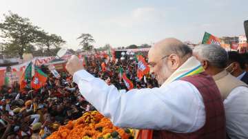 Union Home Minister Amit Shah addresses a rally during his visit to Ayodhya.