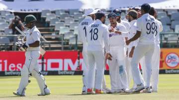 The Indian team celebrates the wicket of Keegan Peterson during the second day of the third and fina