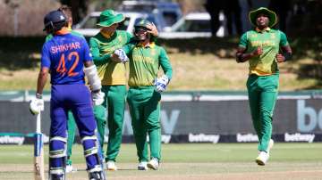 South Africa celebrate the wicket of Kunnar Rahul during the first ODI match between South Africa an