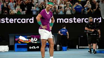 Rafael Nadal celebrates his win over Daniil Medvedev during the men's singles final at the Australia
