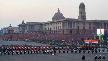 ?Tri-services bands perform during the full dress rehearsal for Beating Retreat ceremony at Vijay Chowk, in New Delhi.