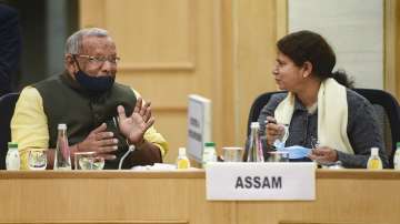 New Delhi: Tarkishore Prasad, Deputy Chief Minister of Bihar with Assam Finance Minister Ajanta Neog during Union Finance Minister Nirmala Sitharamans pre-Budget meeting with finance ministers of States/UTs, at Vigyan Bhawan, in New Delhi, Thursday, Dec. 30, 2021. 