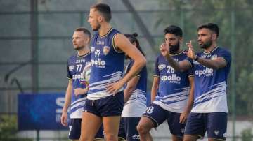 Chennaiyin FC players during the practice session before they go up against Jamshedpur FC on Sunday.