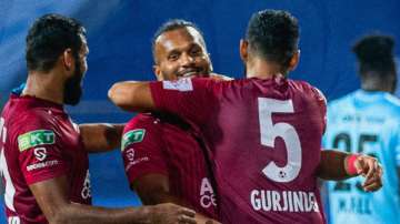 NorthEast United players celebrate during Mumbai City FC vs NorthEast United FC ISL game