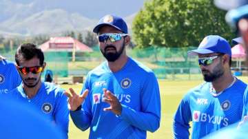 KL Rahul addresses team members as they huddle during a practice session ahead of the 1st ODI